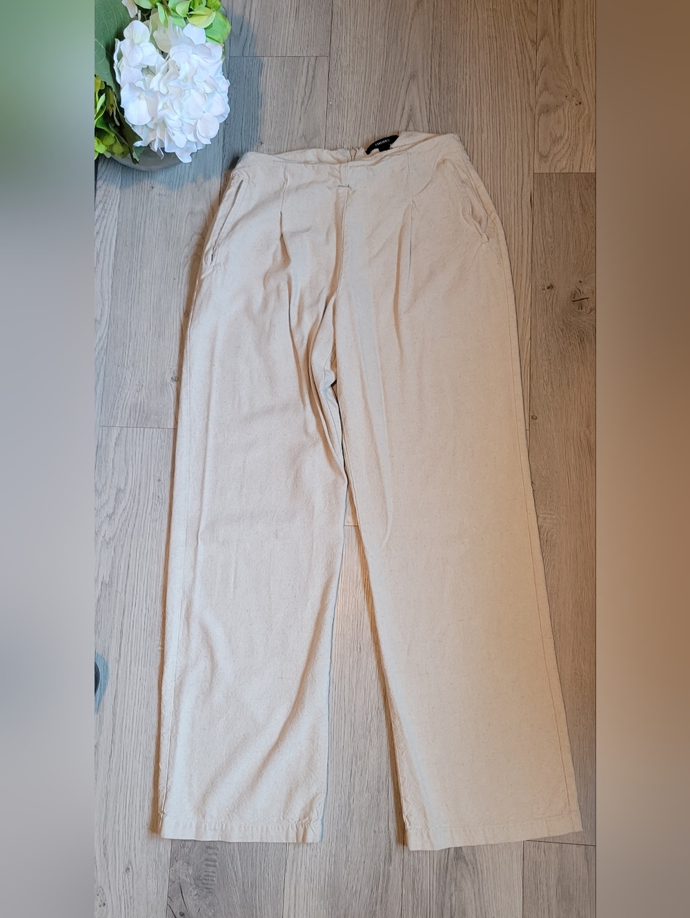 Forever 21 Cream Pleated Wide Leg High-Waist Linen Flax Blend Trouser, Women's S - Picture 2 of 13